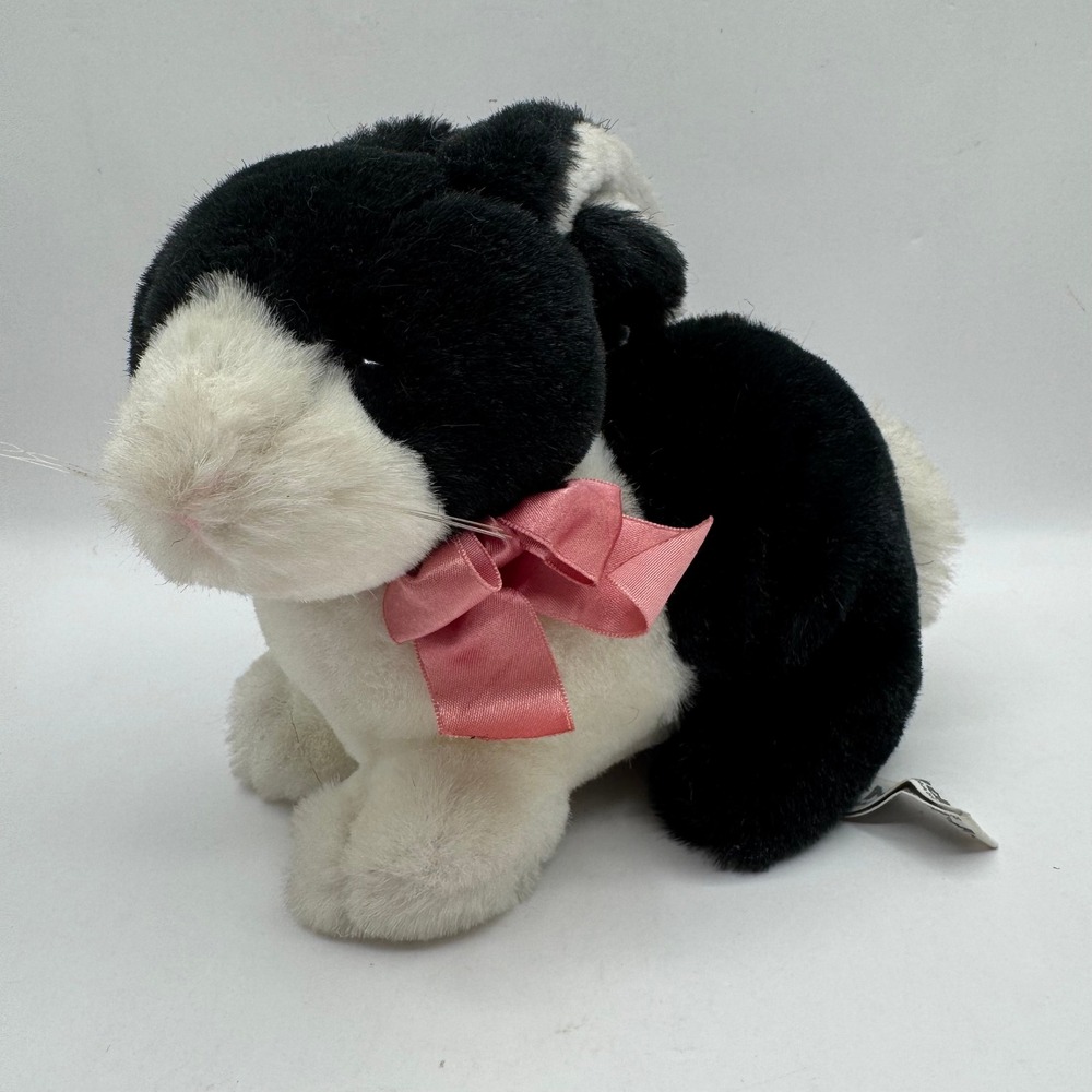 Russ Berrie Mandi Plush Bunny Black White Tuxedo Pink Bow 1346